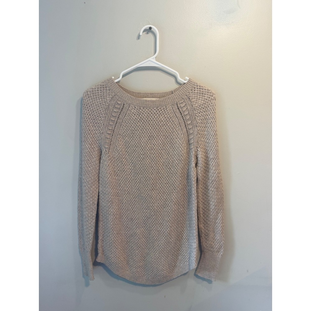 Loft Womens Basketweave Knit Sweater Beige Long‎ Sleeve Curved Hem Small